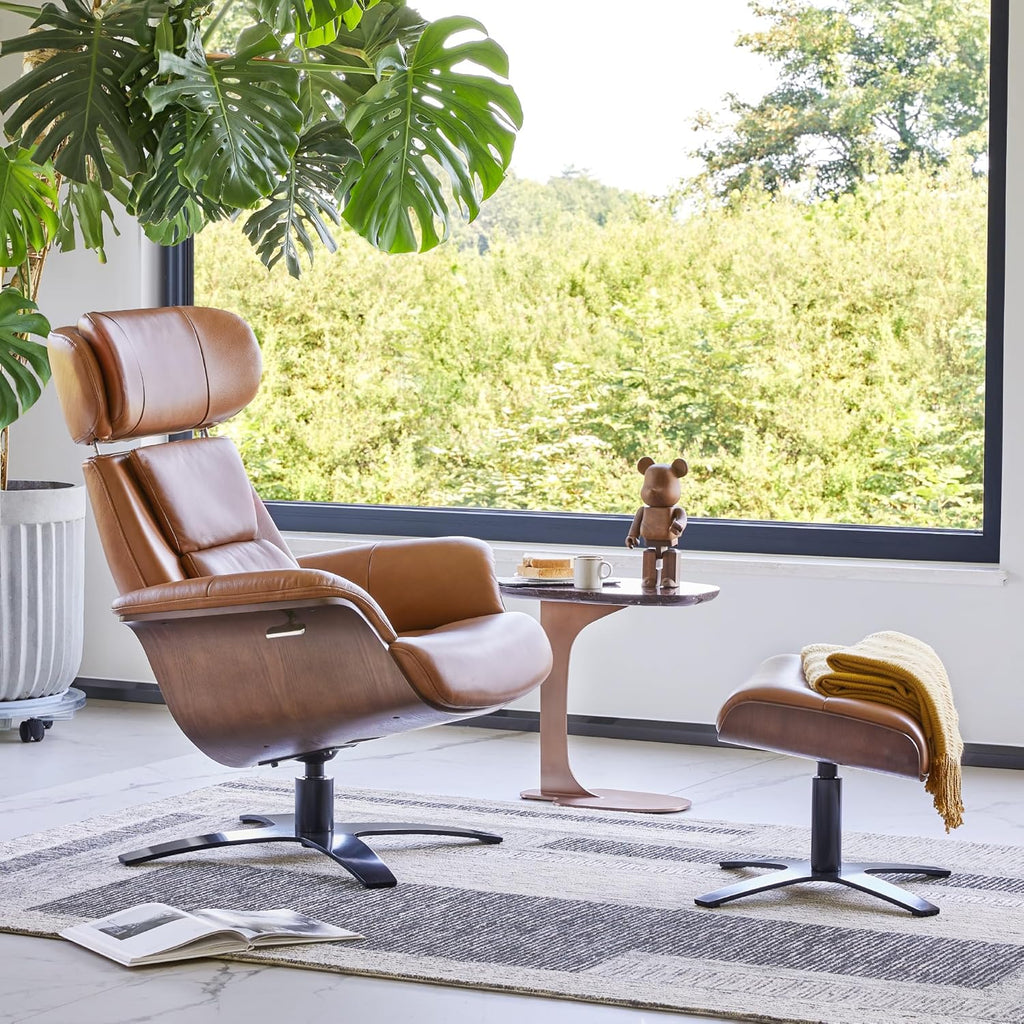 Modern Reclining Swivel Lounge Chair and Ottoman — Saddle Genuine Leather