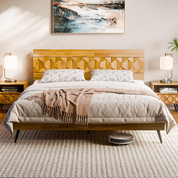 Georgina King Bedframe, Geometric Headboard, Mid Century, Teak Brown