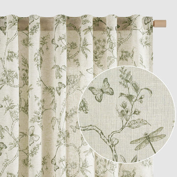 Green Floral Linen Curtains Farmhouse Rod Pocket 50W X 96L 2 Panels