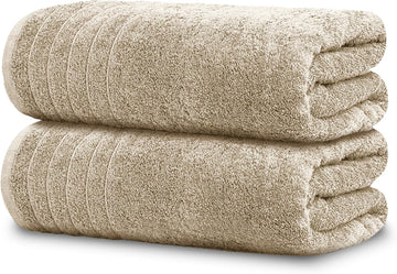 2 Piece Extra Large Bath Sheets 35 x 70 Inches, Beige | 100% Cotton, Larger & Lighter Weight, Quicker to Dry, Super