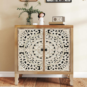 Buffet Cabinet with Storage, Accent Cabinet with 2 Carved Doors, Solid Wood Sideboard with Adjustable Shelf, Vintage