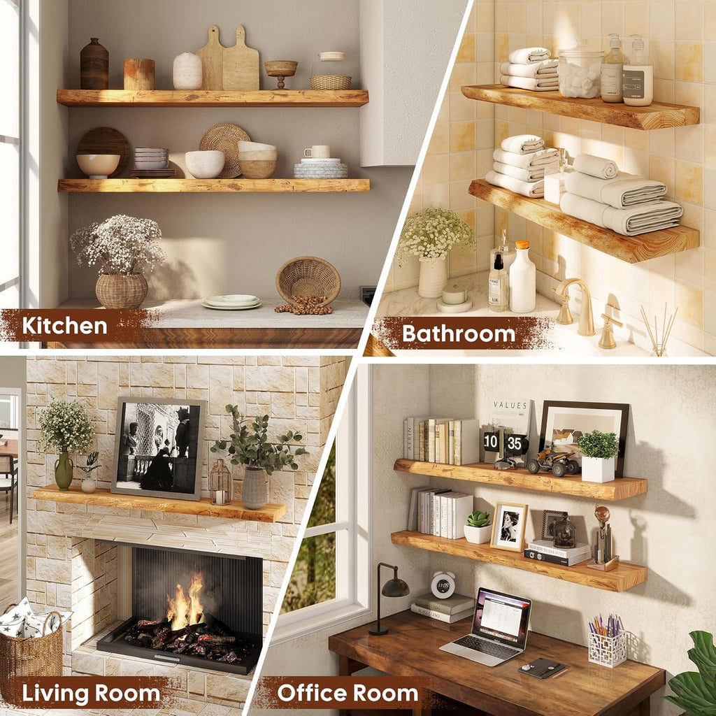 Floating Shelves Set of 2, Solid Elm Wood 24 Inch Wall Shelving | Natural Live Edge Grain, Heavy Duty Hidden