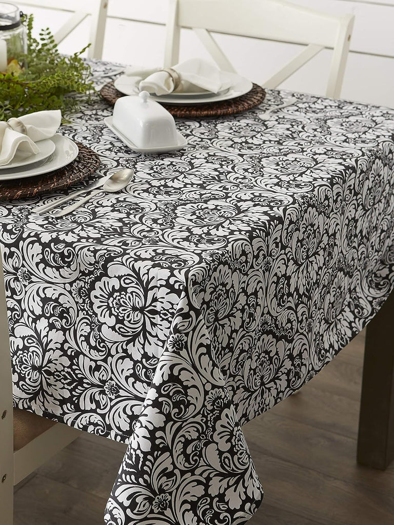 Damask Cotton Tablecloth, 70" Round, Black