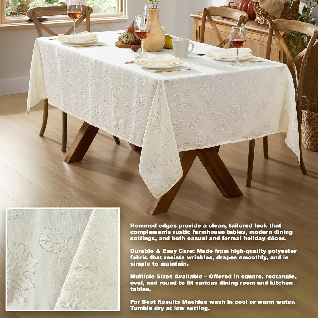 Ivory Fancy Leaves Damask Fabric Holiday Tablecloth, 52 x 70 Inch Rectangle, Elegant Swirling Leaf Pattern, No Iron