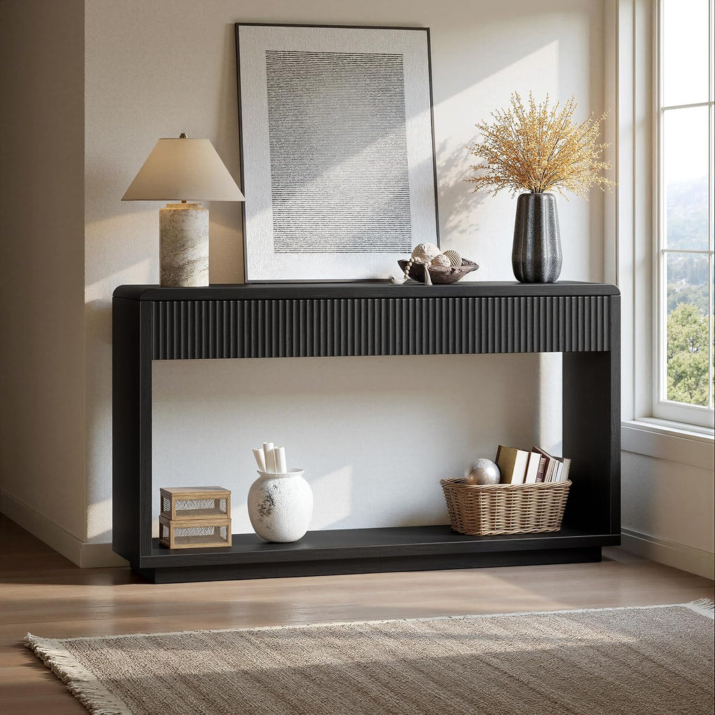 59'' Charcoal Black Entryway Table with Drawers, Fluted Console Table, Mid Century Modern Sofa Table with Storage