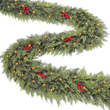 Timer & 50 LED - 9 Ft by 12 Inch Prelit Christmas Garland with Lights