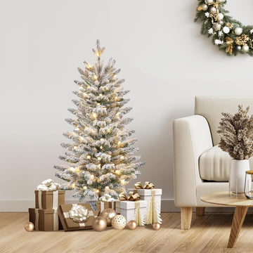 Pre-lit Potted Flocked Christmas Tree, 2 to 3 ft, Snow Frosted Mini Tabletop Artificial Christmas Tree with Warm White Lights