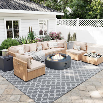9-Piece Wicker Patio Furniture Set with Coffee Table, Beige | Outdoor sectional sofa set, patio conversation set for
