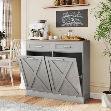 Double Tilt Out Trash Can Cabinet, 2 x 10 Gallons Hidden Garbage Recycling Cabinet with Hideaway Drawers Pet Proof