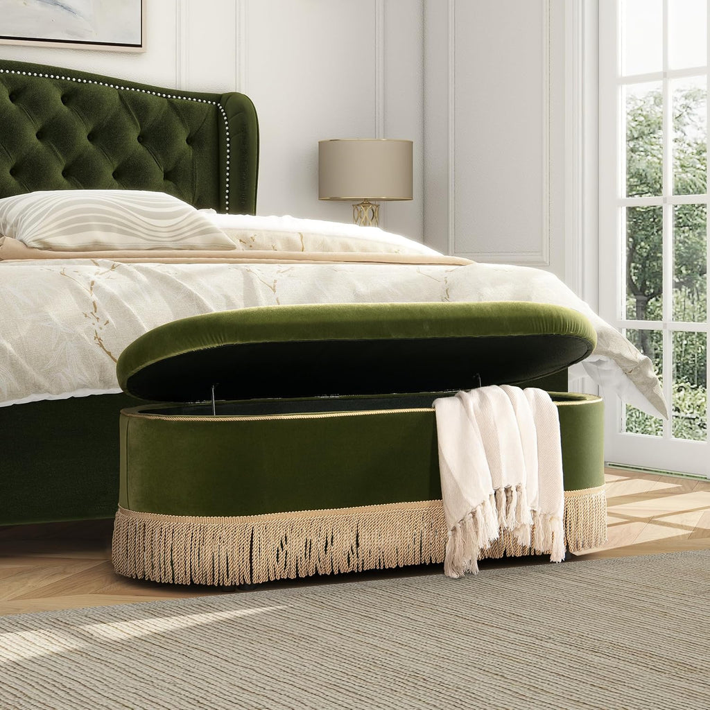 Elara 48.5" Oval Tufted Bullion Fringe Storage Bench, Olive Green Performance Velvet
