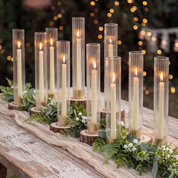 Hurricane Candle Holder for Centerpiece: Set of 10 Metal Taper Candle Holders with Fluted Glass Cylinders - Gold