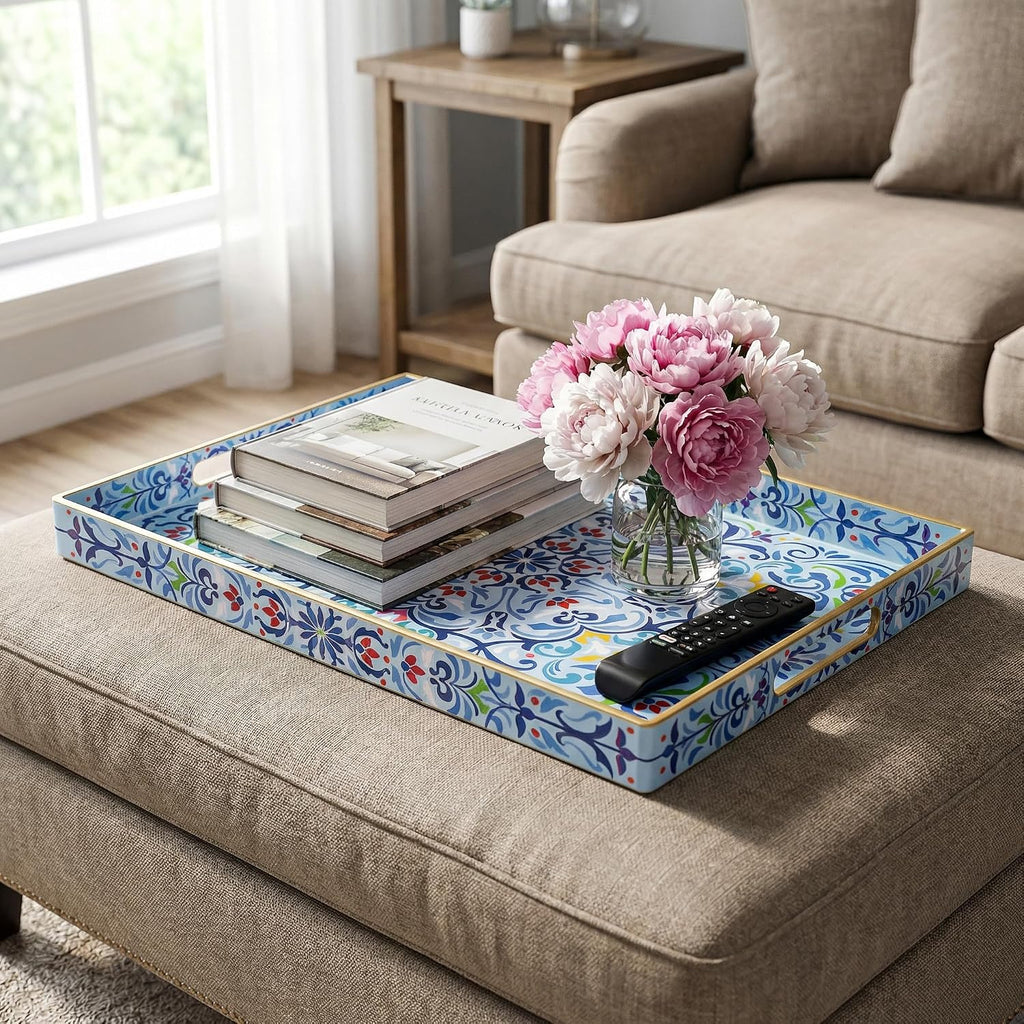 Set of 2 Boho Floral Serving Tray with Handles, 15.7" x 11.8" Decorative Plastic Ottoman Tray, Modern Large Coffee