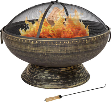 30-Inch Large Outdoor Fire Pit - Wood Burning Fire Pit for Outside with Poker and Screen - Black Finish - Regal Cauldron