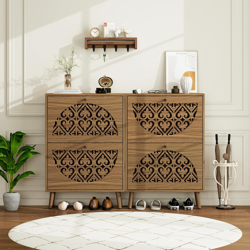 23.6" W Slim Shoe Cabinet with 2 Flip Drawers, Carved Floral Shoe Rack, Mid-Century Modern Free-Standing Heart-Shaped