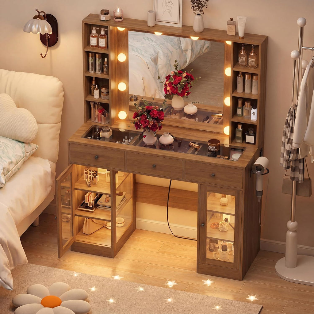 Walnut Vanity Desk with Mirror and Lights, Glass Top Vanity with Lighted Mirror & RGB Glass Cabinet and 3 Drawers