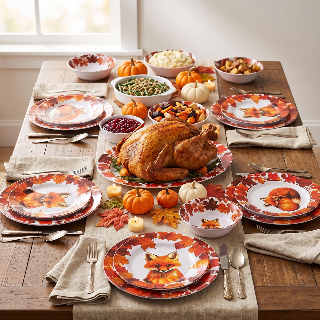 Melamine Dinnerware Set 12Pcs,Melamine Plates and Bowls Fall Fox