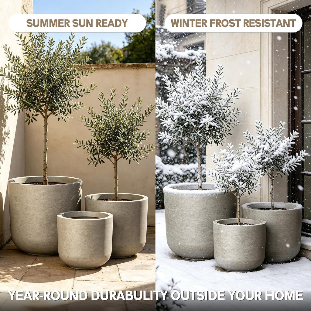 Set of 3 Weathered Concrete Capsule Round Planters for Modern Home | Handcrafted, Premium, Durable, All-Weather