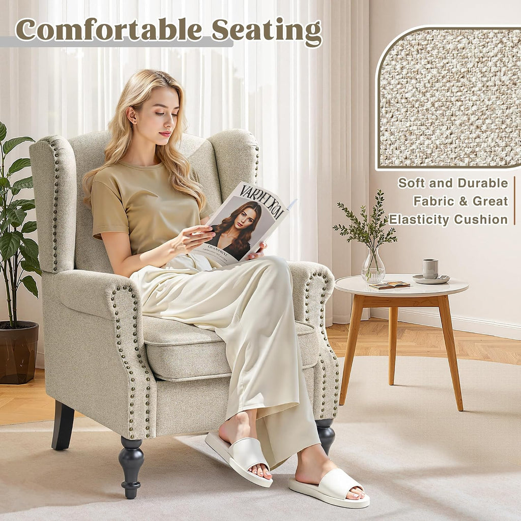 High Back Accent Chair, Upholstered Wingback Arm Chair with Vintage Wood Legs, Comfy Single Sofa Armchair Modern Side