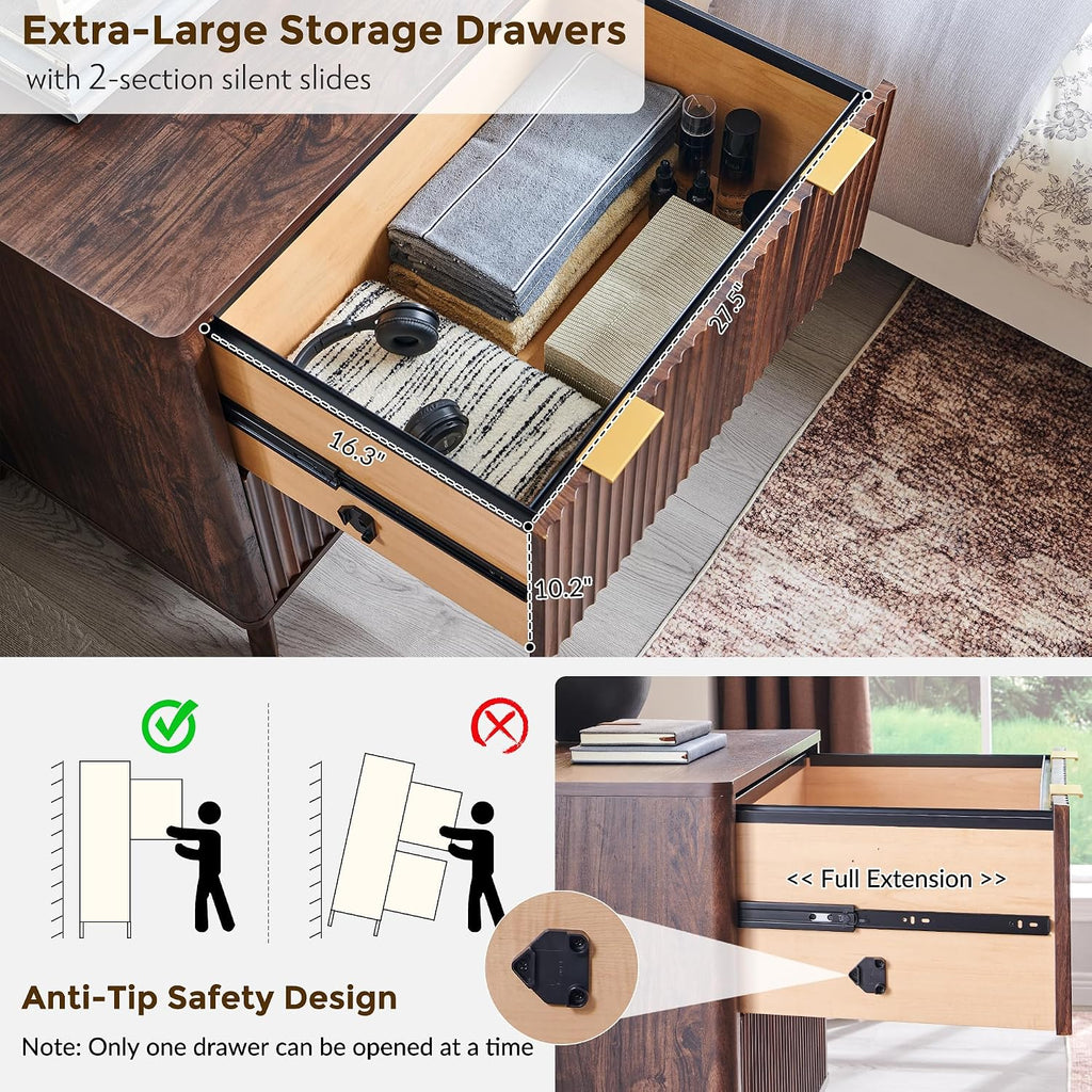 31.8-Inch Fluted 2 Drawer Lateral File Cabinet, Dark Walnut | Filing Cabinet with Files Hanging Rod for Letter