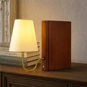 Solid Wood Bookshelf Lamp with Bulb, Cordless Rechargeable Touch Dimmable Table Lamp with Linen Fabric Shade, Modern