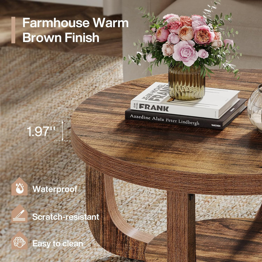 Round Coffee Table, 2-Tier Circle Coffee Table with Storage, Modern Wooden Accent Center Table, Thick Tabletop & Base