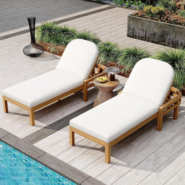 Acacia Wood Outdoor Chaise Lounge Set of 2, 5-Position Adjustable Patio Recliner with Arched Backrest & Thick