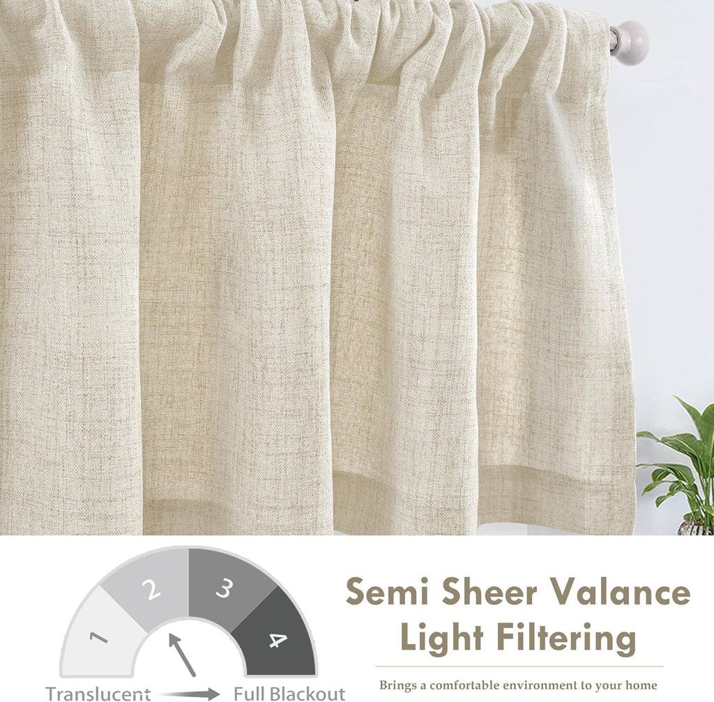Linen Textured Curtain Valances for Windows Light Filtering 3 Inch Rod Pocket Farmhouse Country Rustic Kitchen