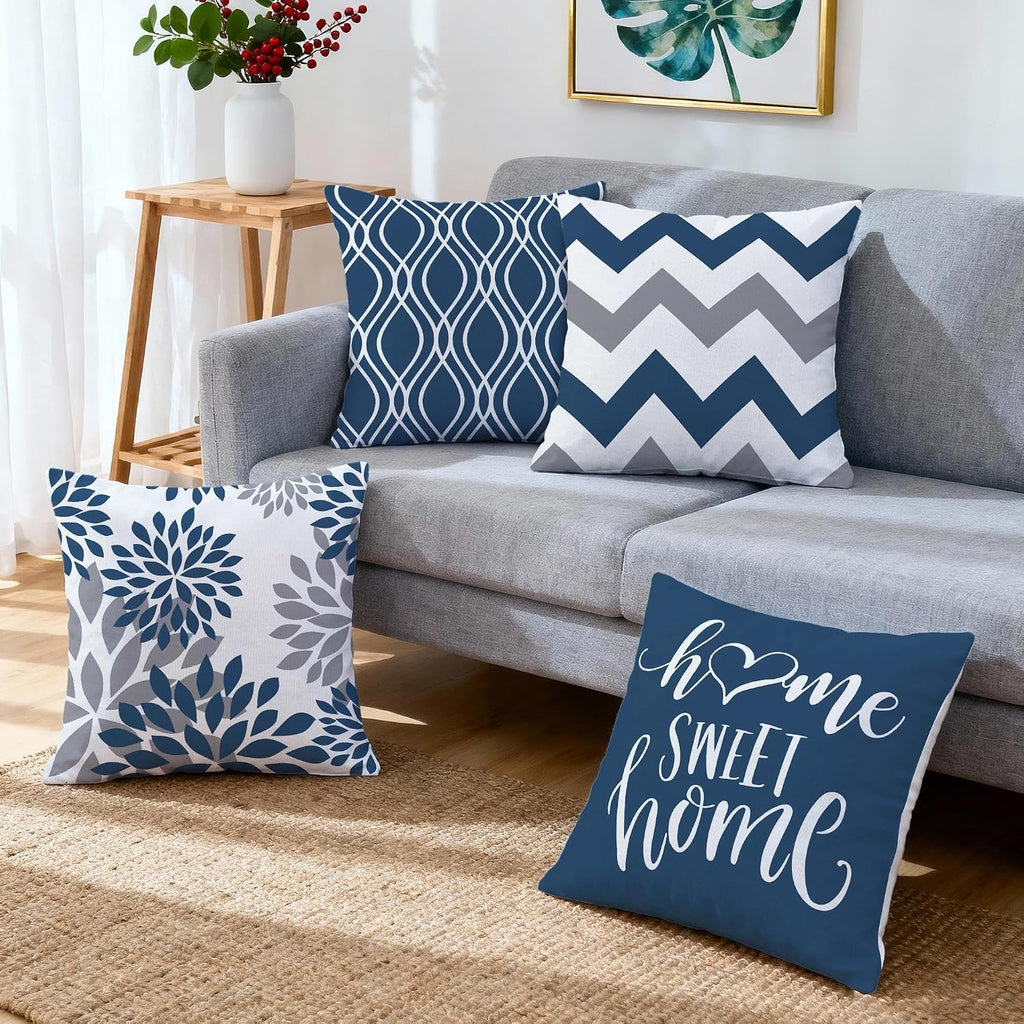 Geometric Blue Pillow Covers 18x18 Set of 4, Decorative Outdoor Boho Modern Throw Pillow Covers, Home Sweet Home