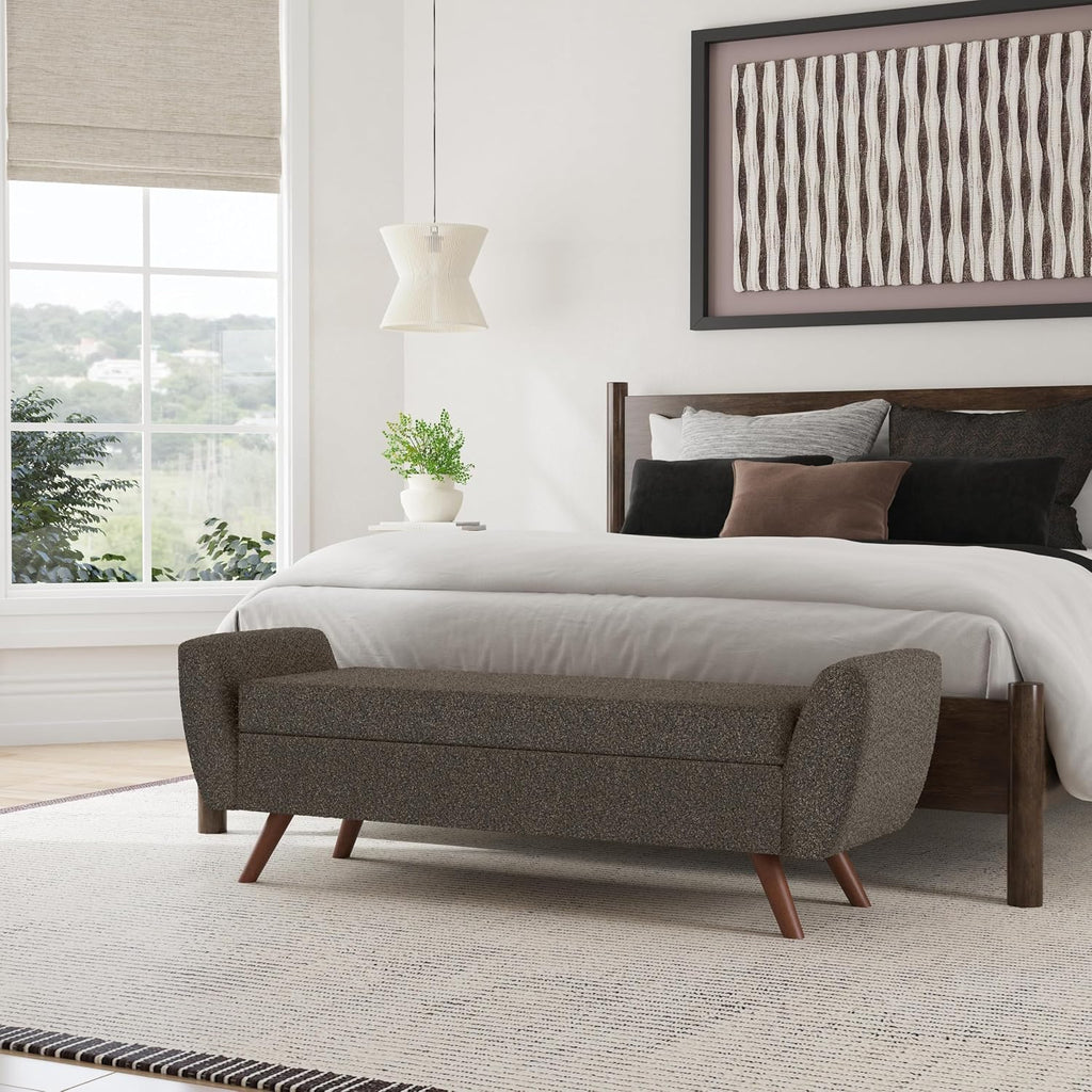 60" Modern Storage Bench with Wood Legs - Dark Brown Boucle