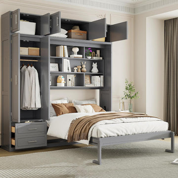 Queen Murphy Bed with Shelves, Top Cabinet and Wardrobe, Fold into The Wall, Multifunctional Foldable Platform Bed