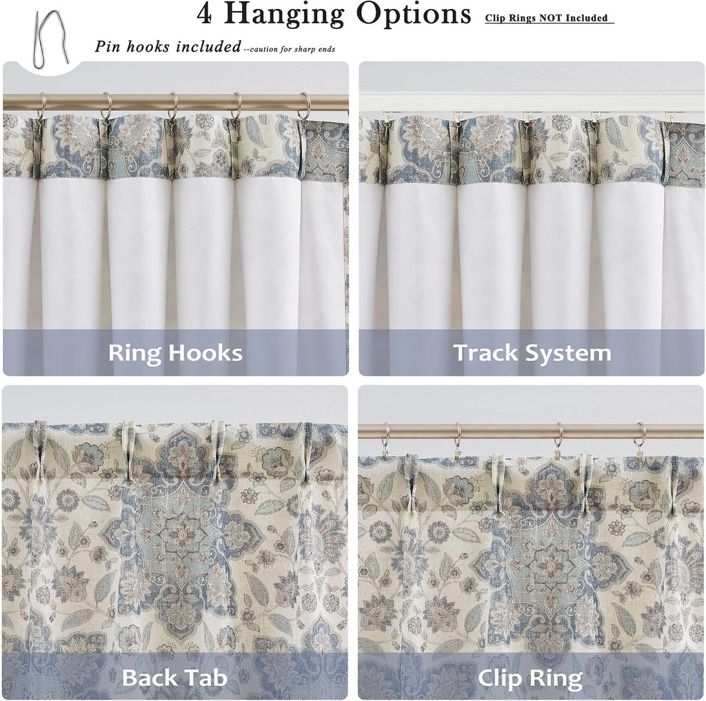 Navy Blue Floral Pinch Pleated Light Filtering Curtain Panel, 40"Wx90"Lx2