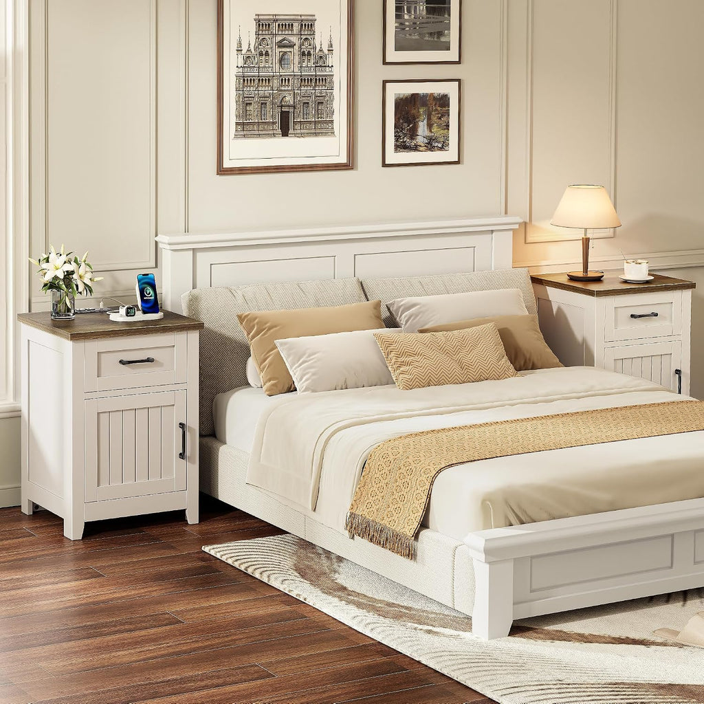 Farmhouse Nightstand with Charging Station, Set of 2 Modern End Tables with Large Storage and One Drawers, Outlets