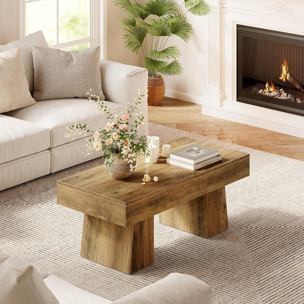 Farmhouse Coffee Table, 47 Inches Wooden Rectangular Accent Center Tables with Thick Base