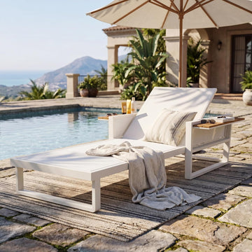 Acacia Wood Chaise Lounge Chair Outdoor with Foldable Armrests, Adjustable Backrest Sun Lounger Recliner