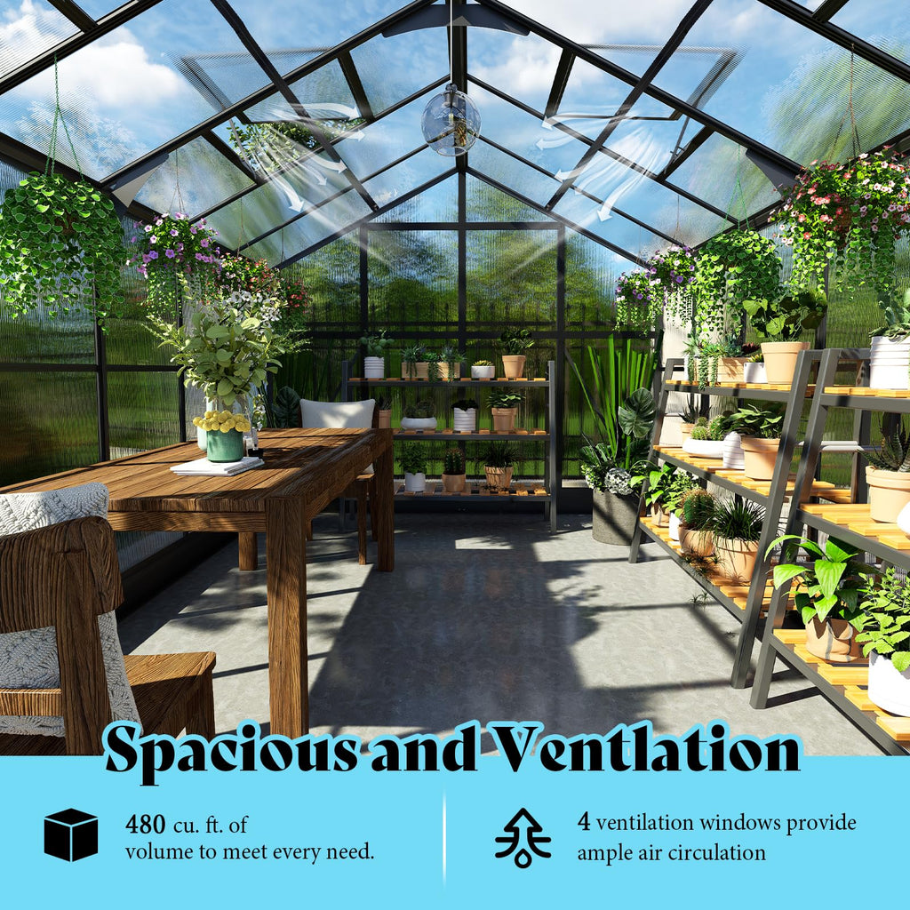 8x12x7FT Polycarbonate Greenhouse, Walk in Greenhouse with Quick-Connect System, Green House with 4 Vent Windows and
