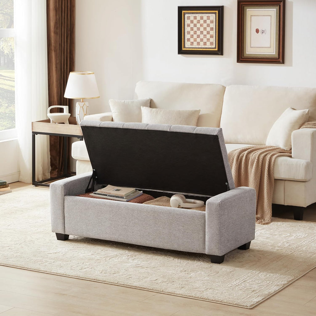 48" Ottoman with Storage, Light Gray Storage Ottoman Bench | Upholstered Entryway Bench with Seating , with Safety