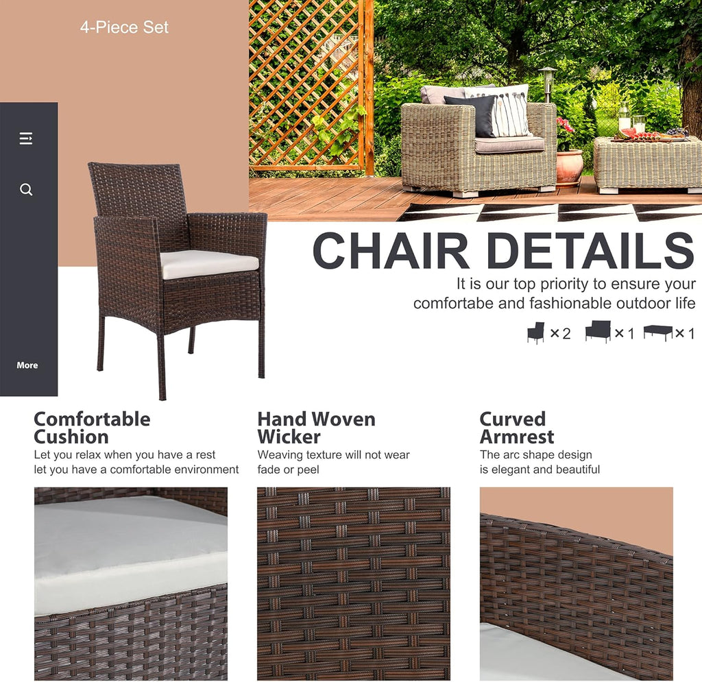 4 Piece Outdoor Patio Furniture Set, Wicker Rattan Patio Conversation Set