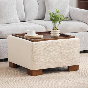 Square Ottoman Coffee Table with Storage, Ottomans with Tray and Solid Wood Legs s, Oversize Modern Ottoman Tea Table