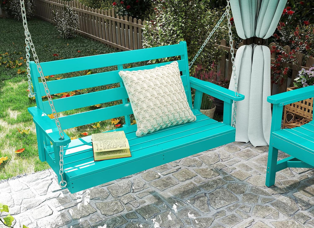 Outdoor Porch Swing, 2-Person HDPE Patio Bench Swings, Aqua | 51" Extra Wide | 4 Stainless Steel Chains | 600 lb