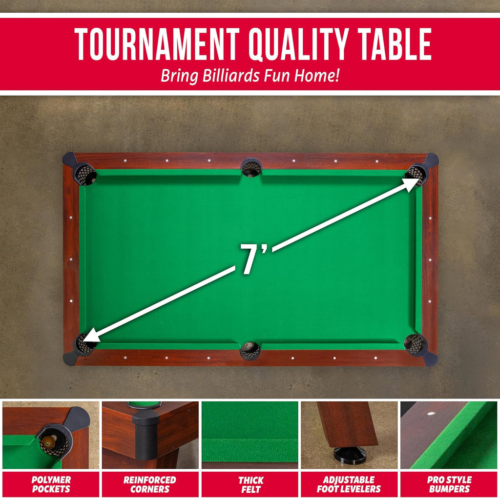 7 and 8 ft Pool Tables with Wood Finish - Gray, Black, or Green Felt - Billiards Game Room Table for Adults & Family