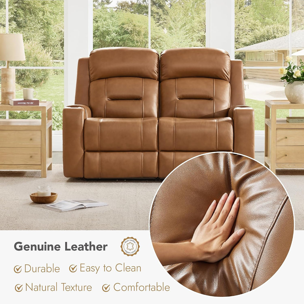 Genuine Leather Power Loveseat Recliner Sofa, Lay Flat Loveseat Reclining Sofa with Power Headrest, Cup Holders, USB