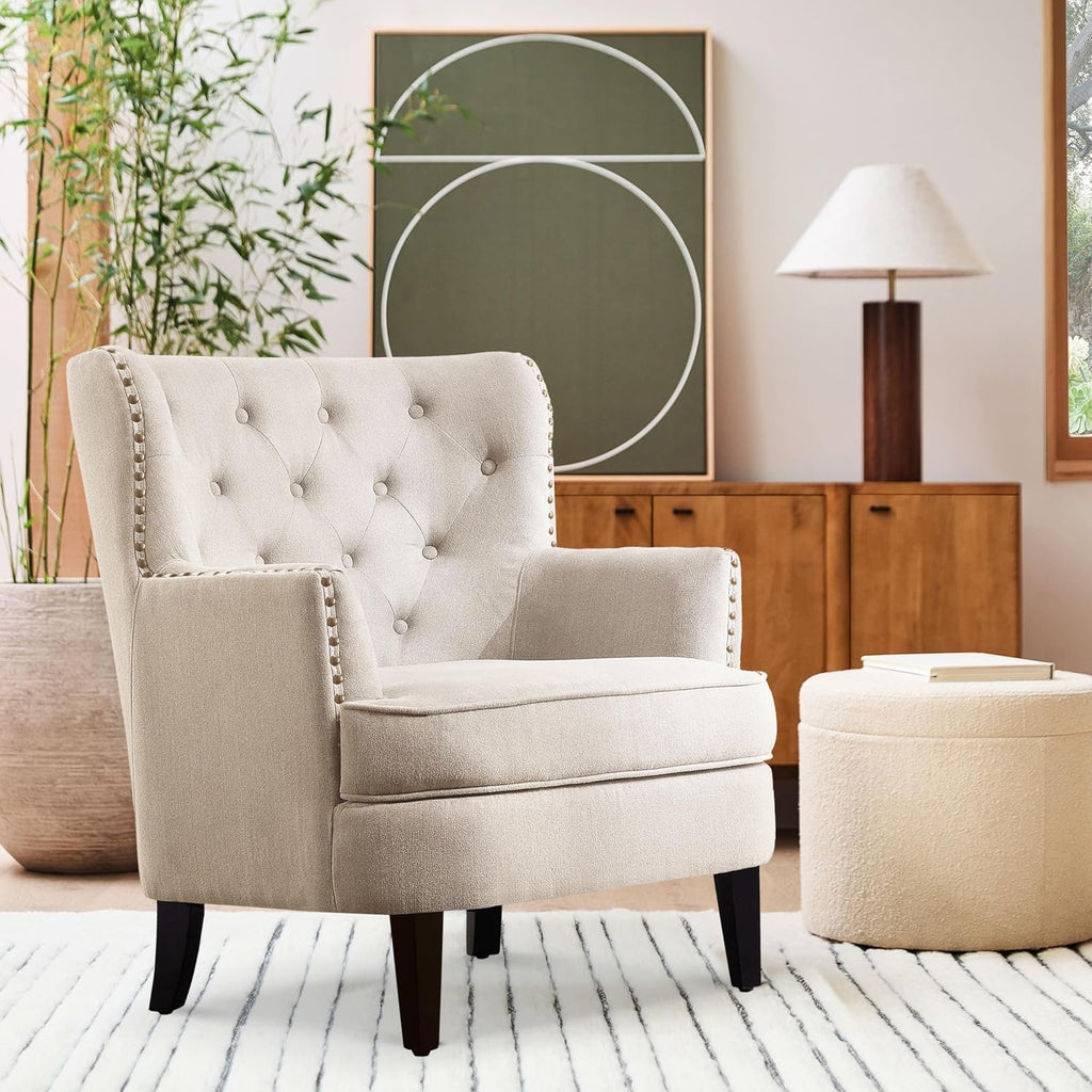 Harris Velvet Upholstered Club Chair 34.5"H, Barrel Chair, Wingback Tufted Button Armchair, Contemporary Nailhead