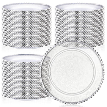 100 Pack Clear Charger Plates 13" Beaded Round, Sliver, Beads