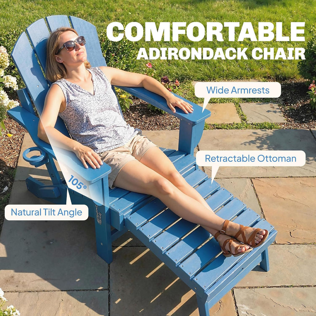 Folding Adirondack Chair Set of 2 with Retractable Ottoman Blue | Outdoor HDPE Fire Pit Chair, Cup Holder, Large