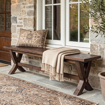 59" Solid Wood Entryway Bench, Farmhouse Indoor Hallway Shoe Bench with X-Shaped Legs, Long End of Bed Stool, Rustic