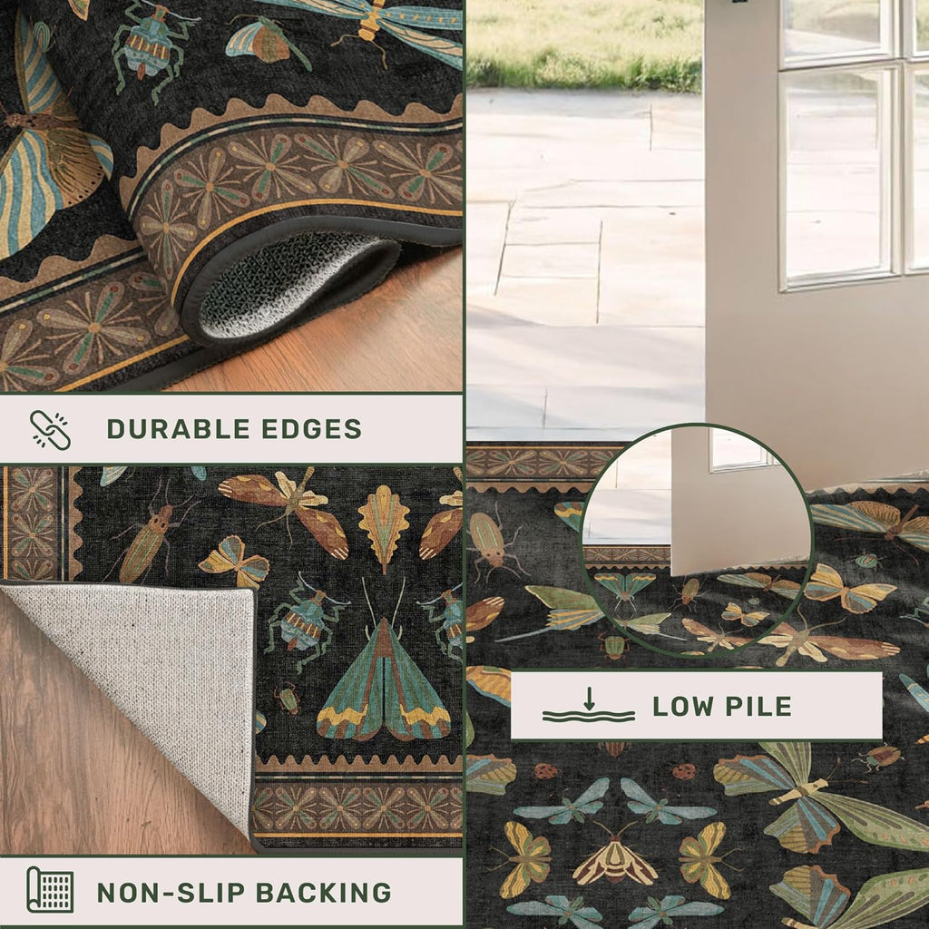 Dark Black Boho 2x10 Rug Runners for Hallways, Washable Non Slip Long Runner Rug, Low Pile & Soft Stain Resistant