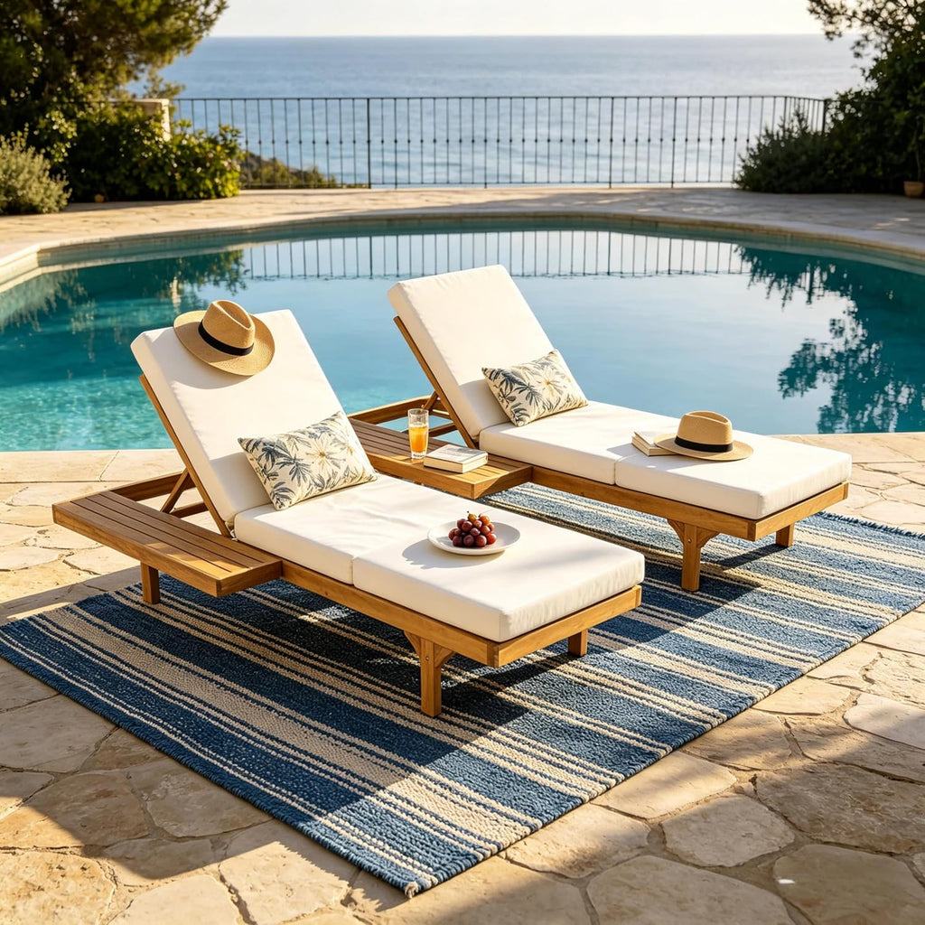 2-Person Outdoor Chaise Lounge Set with 3-Fold 4" Cushions, Acacia Wood Patio 5-Position Adjustable Reclining Sun