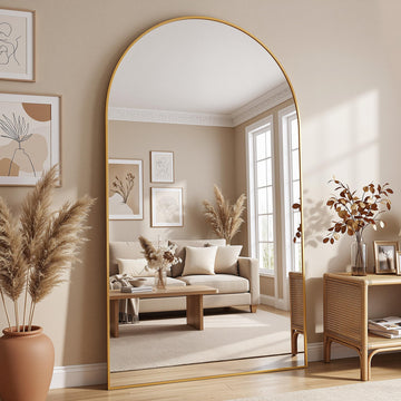 72" x 44" Arched Full Length Floor Mirror, Aluminum Frame, Gold