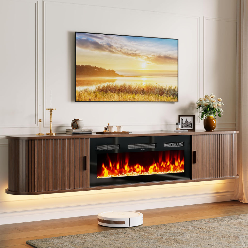 80" Floating TV Stand with Electric Fireplace, Wall Mounted Fireplace TV Stand, Entertainment Center with Storage