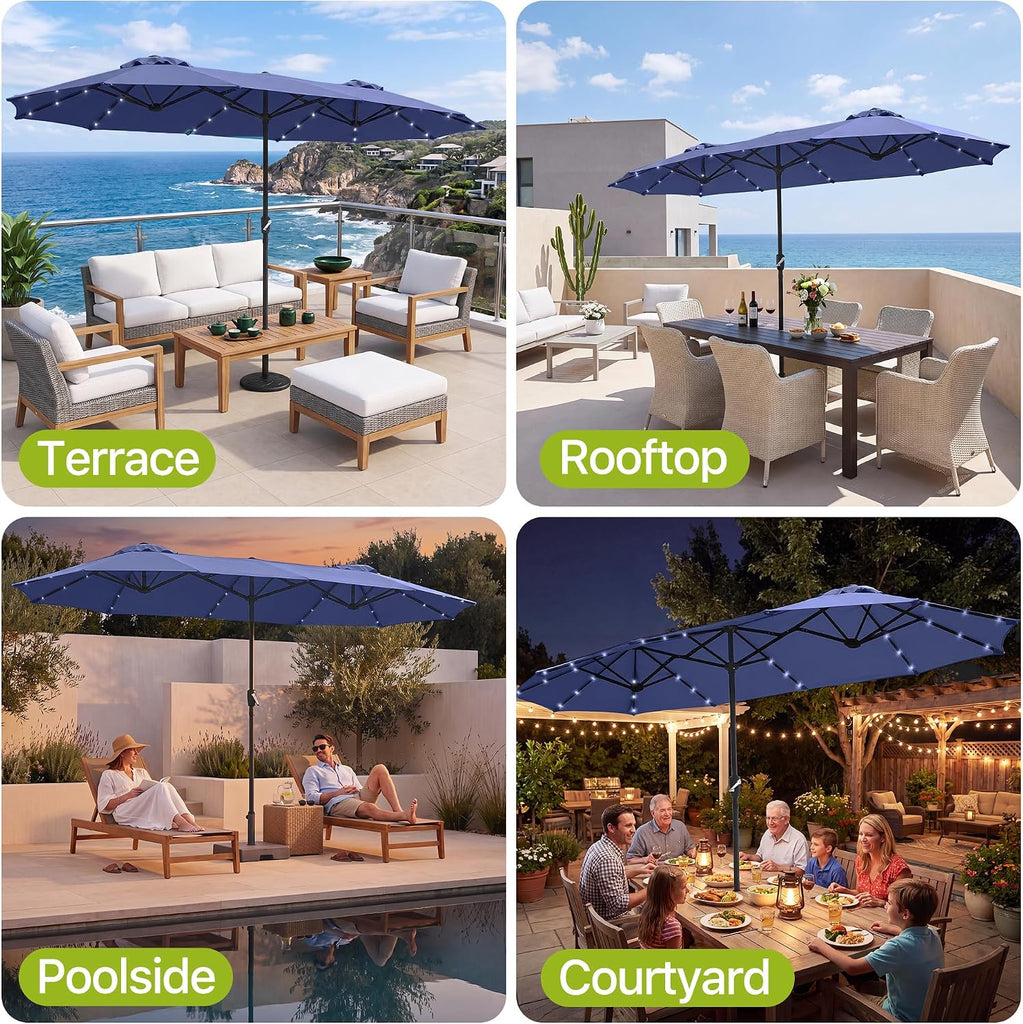 13ft Patio Umbrella Double Sided Outdoor Umbrella Table Umbrella with Solar lights Pool (Navy)